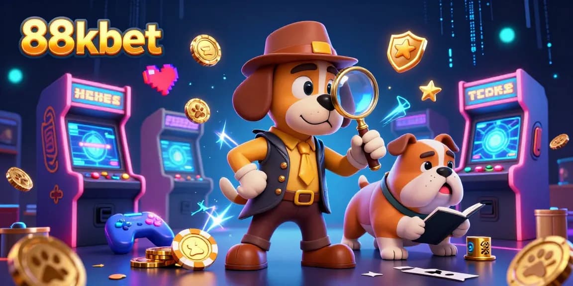 Engage with 88kbet's fun casino-themed scene featuring a detective and bulldog in a vibrant gaming environment.