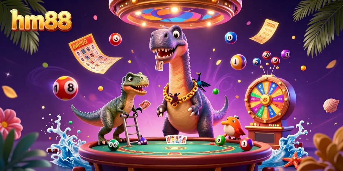 Experience the thrill of hm88 gaming with a whimsical 3D casino scene featuring vibrant lottery elements.