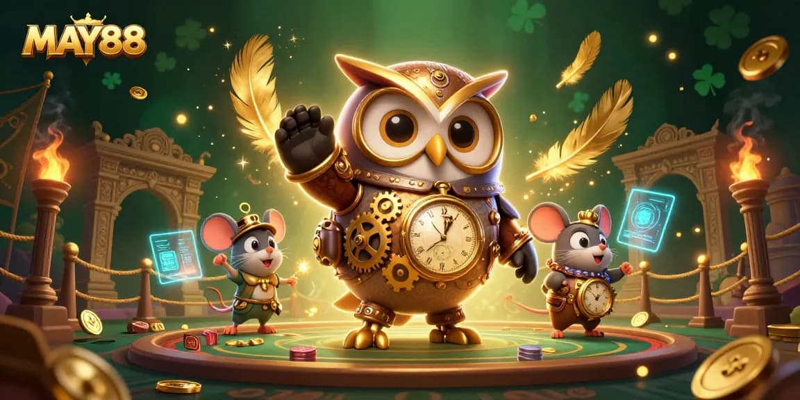 Engage with MAY88's vibrant gaming atmosphere featuring a time-traveling owl and a clockwork mouse amidst rich casino elements.