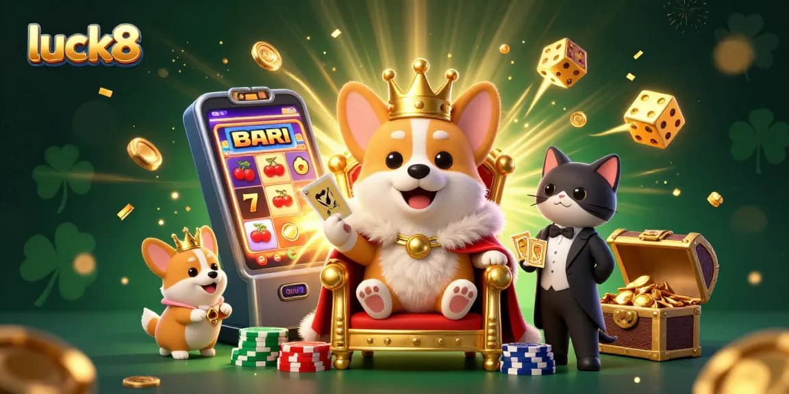Experience luck8's vibrant gaming world with a charismatic royal corgi and dynamic jackpot elements.