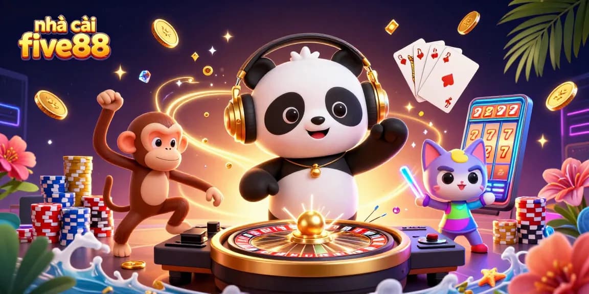 Engage with nhà cái five88 through vibrant casino-themed 3D illustration featuring a DJ panda and gaming elements.