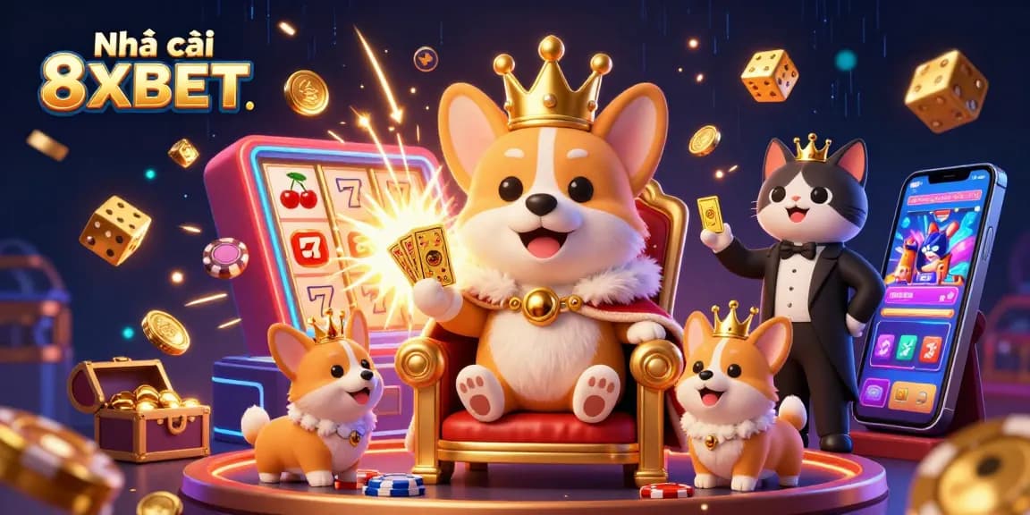 Experience the thrill of Nhà cái 8XBET with a vibrant casino scene featuring a royal corgi and a treasure chest overflowing with gold.