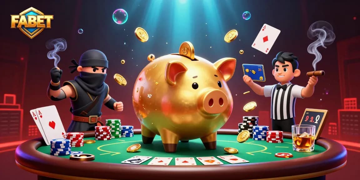 Engage in high-stakes action at FABET with a dynamic cartoon scene featuring colorful characters and poker elements.