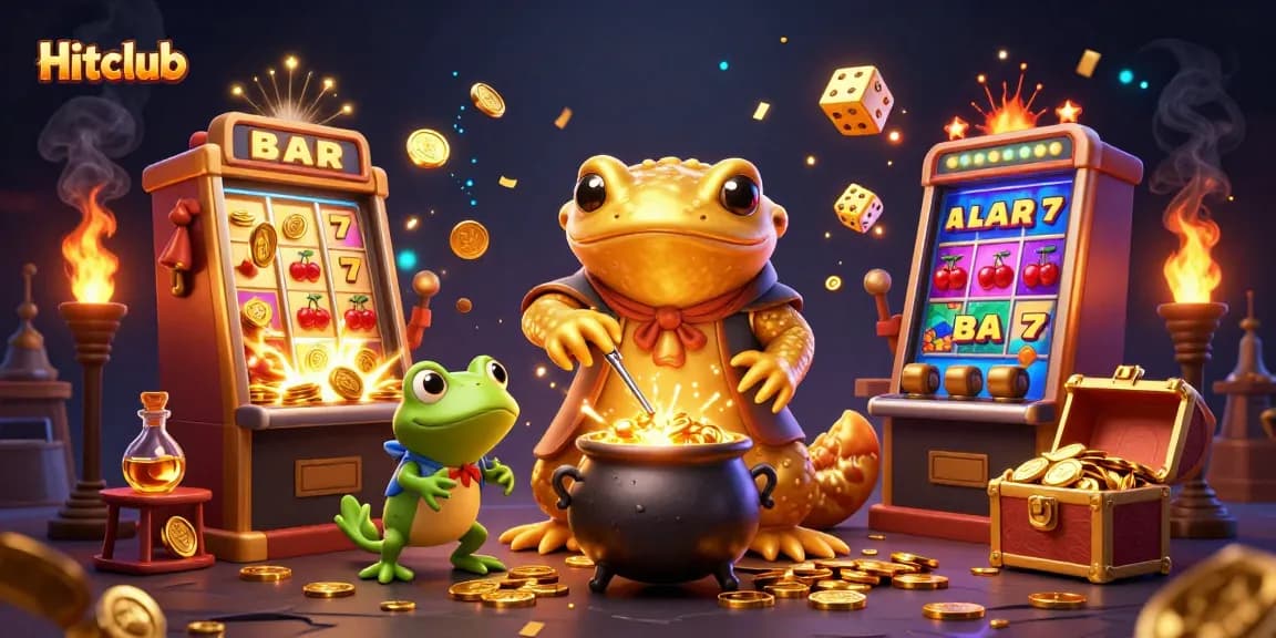 Hitclub showcases a vibrant, dynamic scene of a golden salamander alchemist with magical casino elements.