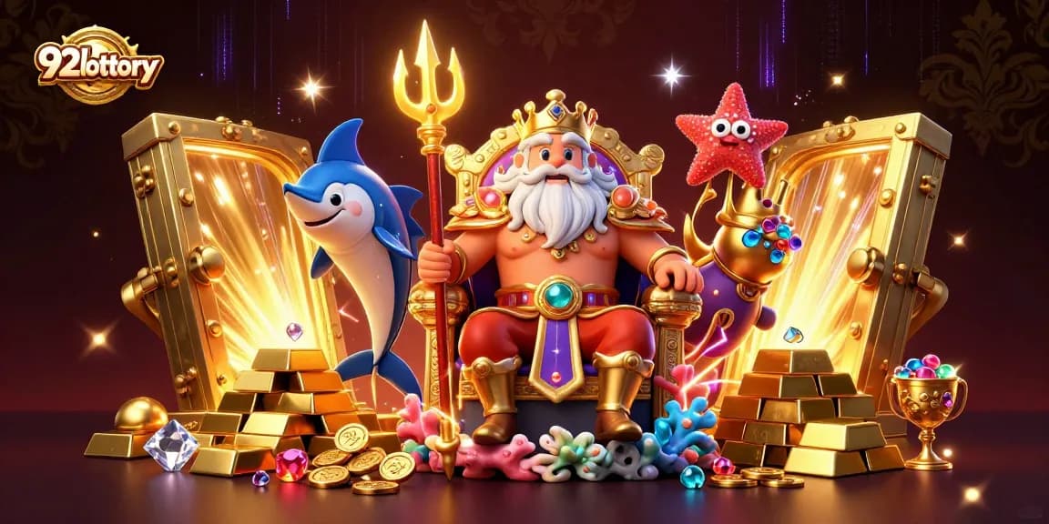92lottery portrays a whimsical casino scene with Neptune and treasures flowing from a vault.