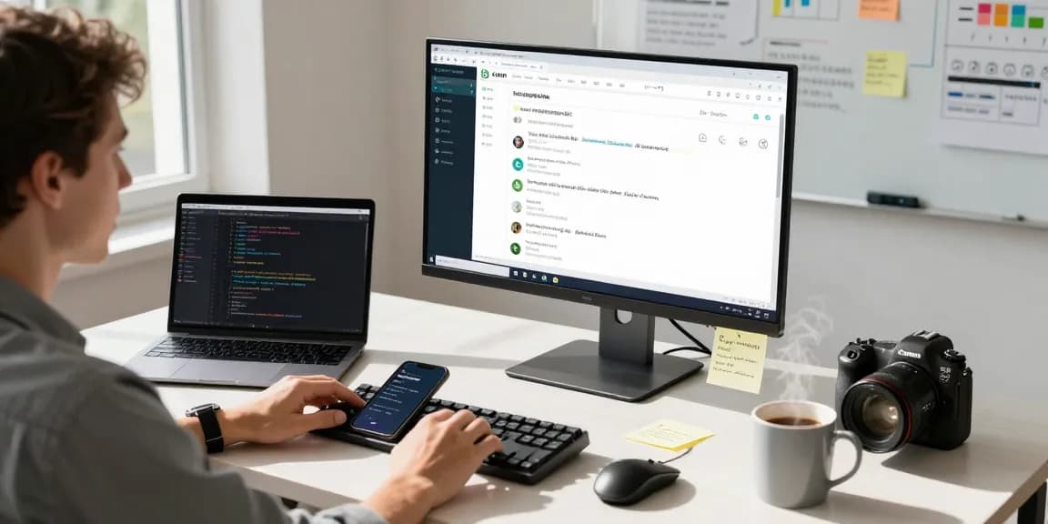 Using WhatsApp電腦版 in a modern workspace with vibrant tech tools and productivity elements.
