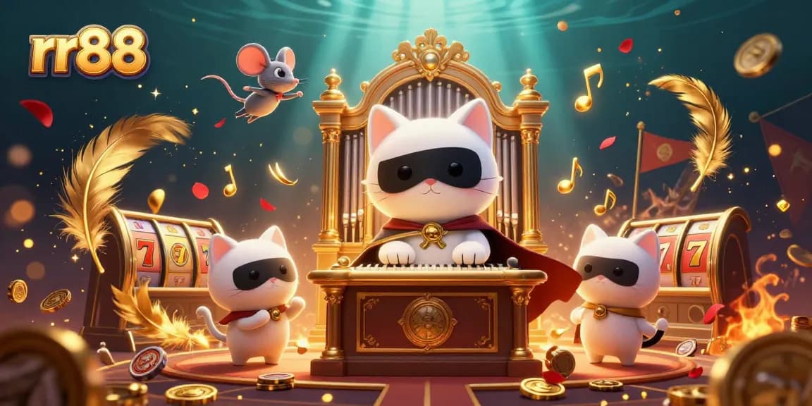 Win with rr88 at this vibrant casino illustration featuring a whimsical scene with characters and slot games.