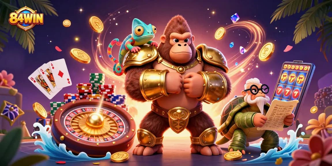 Engage with the vibrant world of 84WIN, showcasing a powerful gorilla king and colorful game elements.