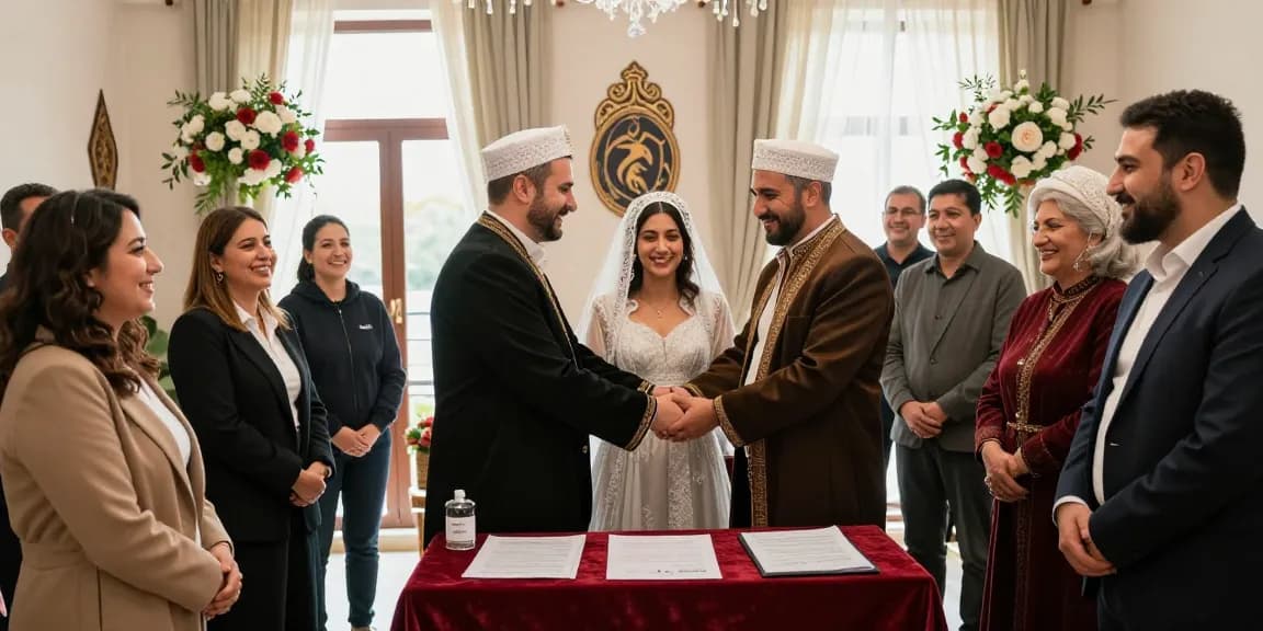 Couple celebrating Turkish Citizenship by Marriage ceremony surrounded by joyful family and traditional decor.