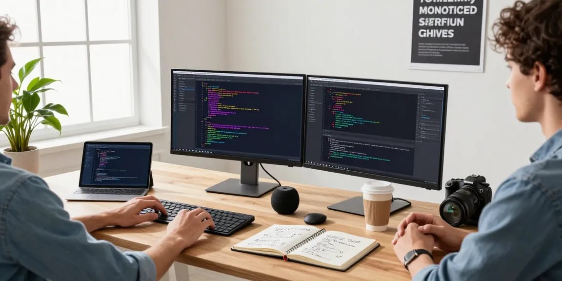 AI code generator workspace with developer coding on multiple screens in a modern office setting.