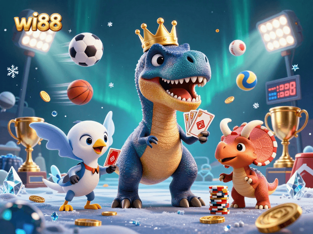 wi88 offers thrilling betting action in a captivating 3D casino scene with dynamic characters and elements.