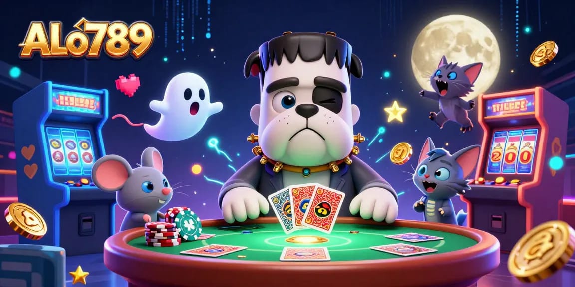 Play at ALo789 with a vibrant casino scene featuring a Frankenstein bulldog and magical elements.
