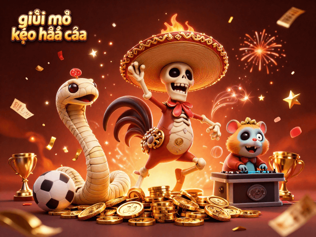 Engaging illustration showcasing a festive scene with characters dancing for giải mã kèo nhà cái, featuring sports betting elements.
