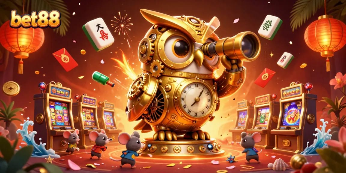 Experience the vibrant world of bet88 with a 3D cartoon illustration showcasing a golden owl and mouse patrons in a casino scene.