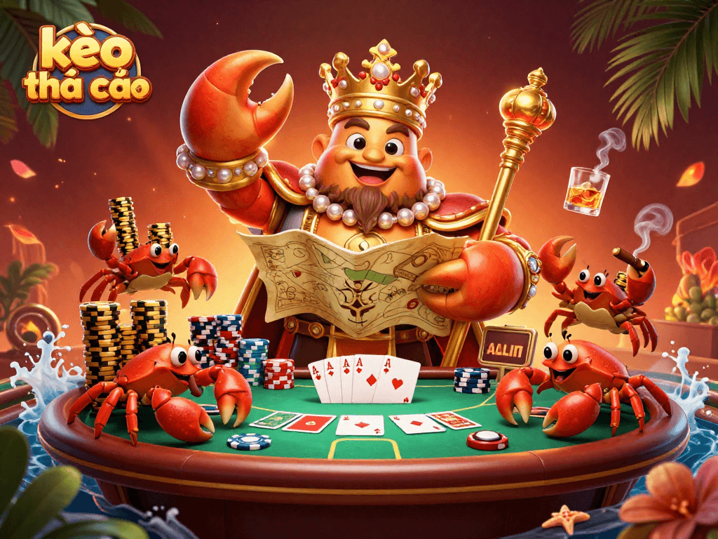 Experience the excitement of kèo nhà cái with a brilliant golden crab emperor overseeing a poker game.