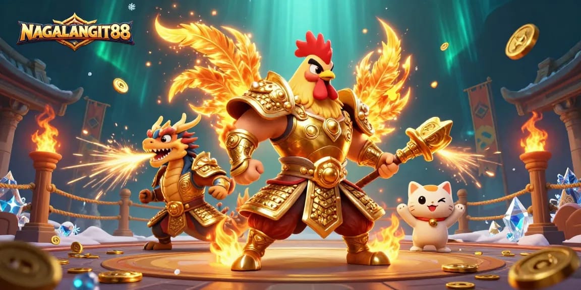 NAGALANGIT88 showcases a powerful rooster warrior in a vibrant 3D casino setting, ready for action.