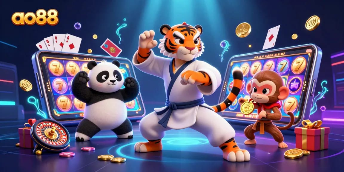 ao88 showcases a dynamic scene of a kung fu tiger master with gaming elements reflecting thrilling casino excitement