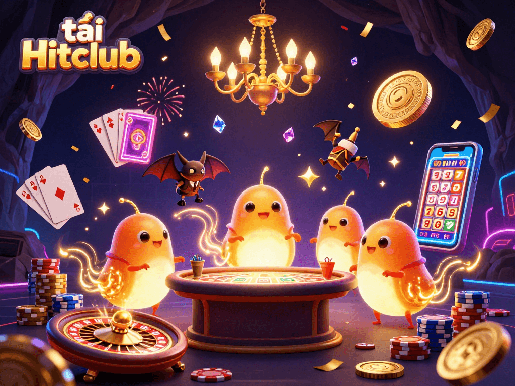 Play and win big with tải Hitclub in a vibrant casino scene featuring glowworms and a bat dealer.