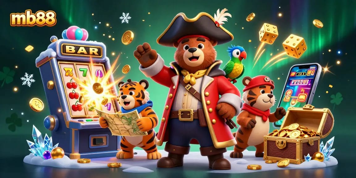 Khám phá jackpot mb88 với chú gấu hải tặc, hổ mạnh mẽ và những đồng tiền vàng lấp lánh.