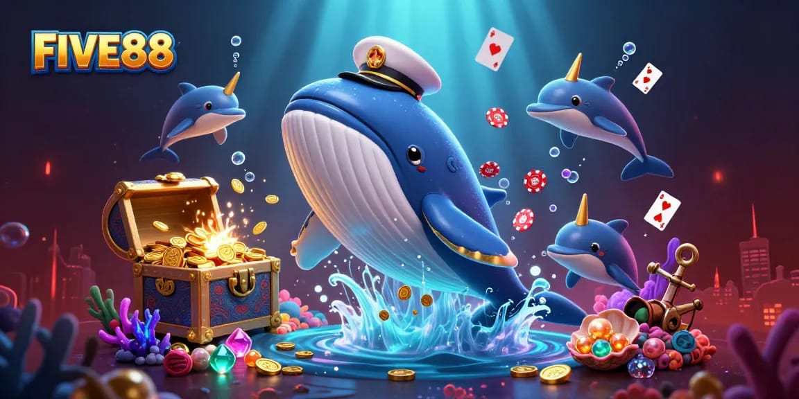 Experience exciting wins at FIVE88 with giant whale, dolphins, and treasure in vibrant 3D illustration.