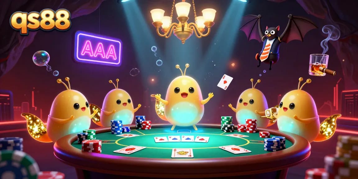 qs88 showcases an electric casino scene with glowworms, poker elements, and a bat dealer.