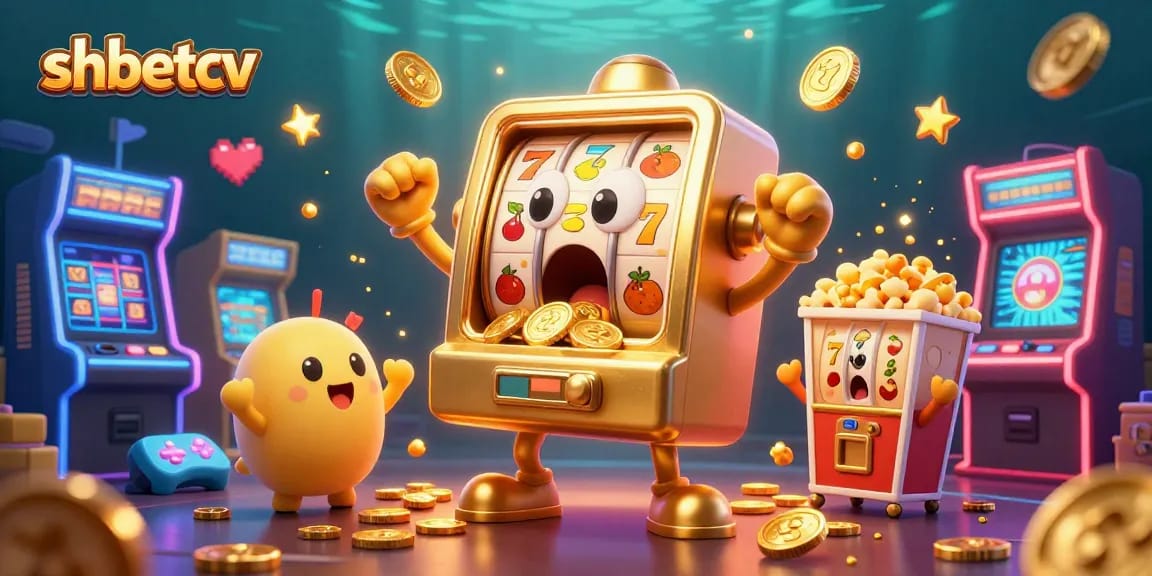 Shbetcv's exciting jackpot scene showcases cartoon slot machines celebrating wins amidst casino elements.