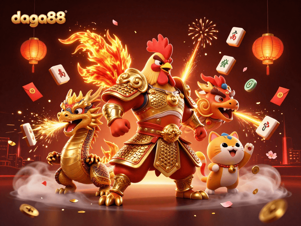 Experience the thrilling action of daga88 with a powerful rooster warrior and a dragon hatchling amid casino elements.