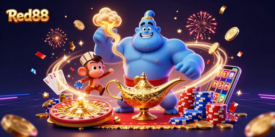 Experience thrilling gaming at Red88 with a vibrant 3D illustration featuring a genie, poker chips, and slots!