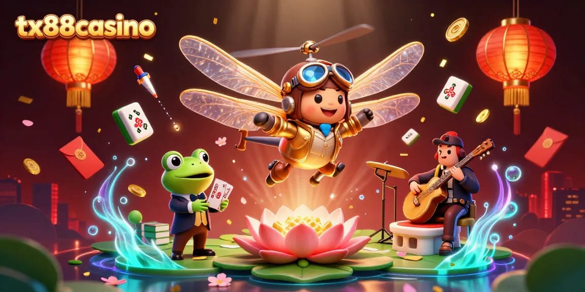 Engage with tx88casino’s vibrant 3D casino scene featuring dragonfly pilot and card-dealing frog