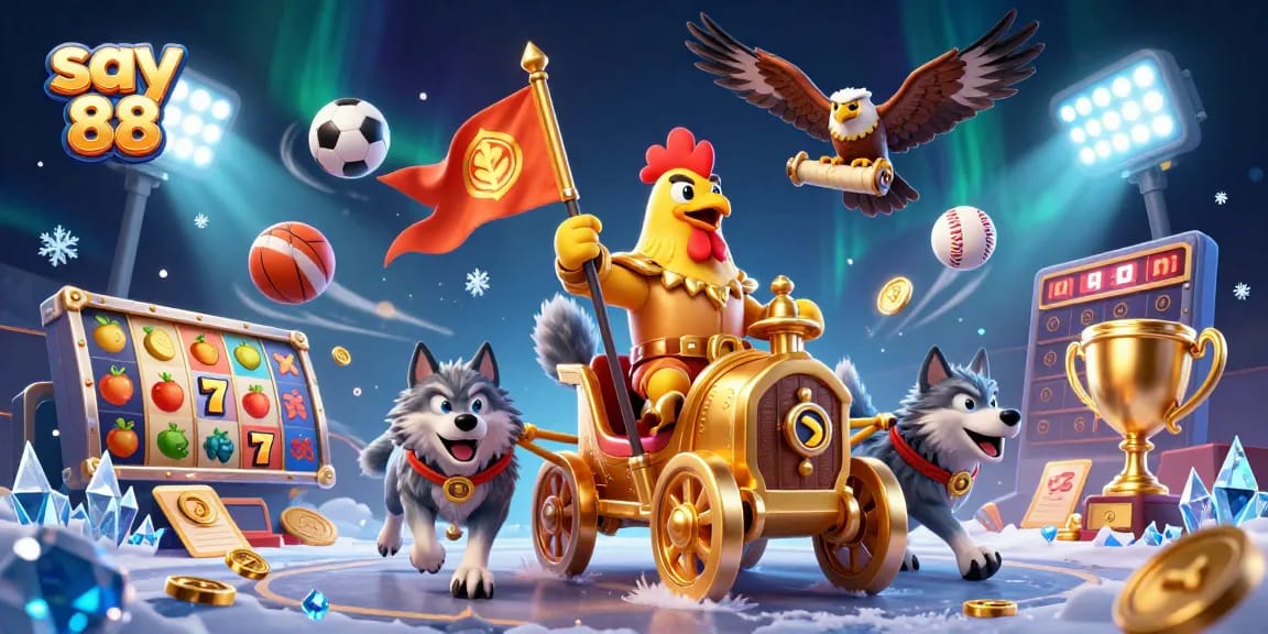Experience excitement with say 88 in a vibrant online casino scene full of gaming elements and characters.