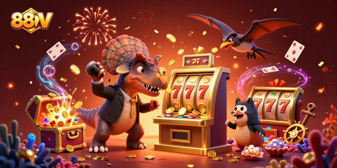 88VV platform illustrated with cartoon dinosaur themes as it heads for jackpot coins in an exciting casino environment.