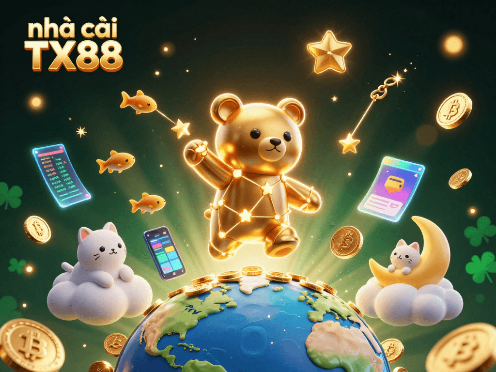 Engage in exciting gaming with nhà cái TX88, featuring vibrant 3D elements of crypto coins and a constellation bear.