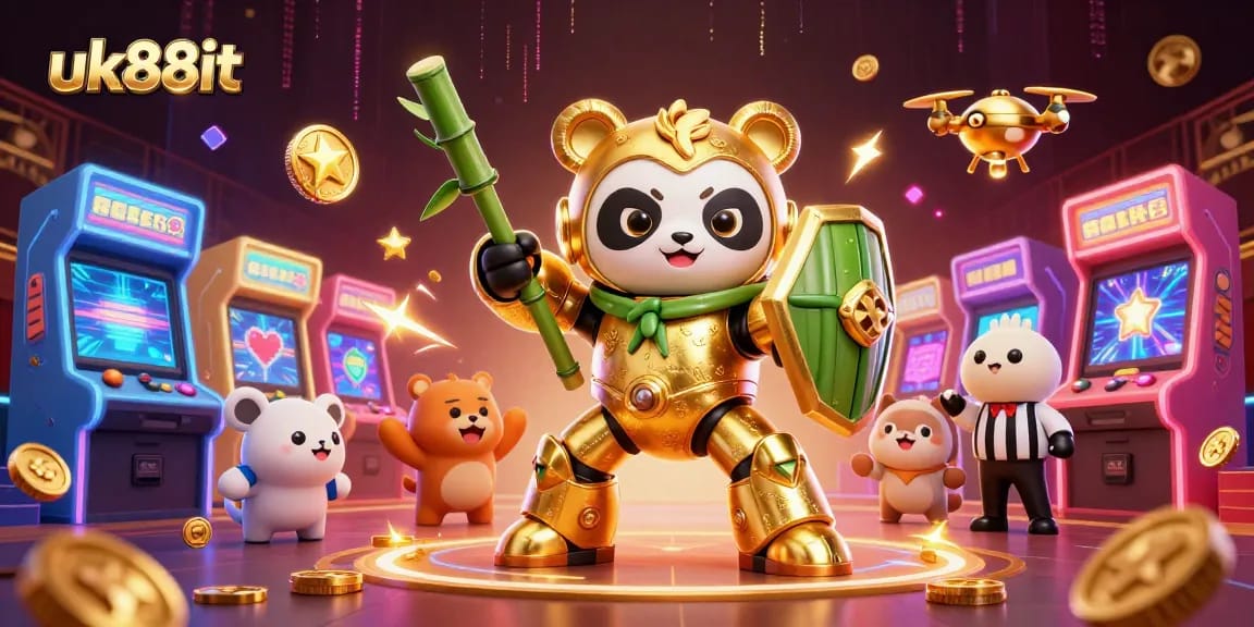 Play exciting games at uk88it, where the golden panda battles in a vibrant arcade style.