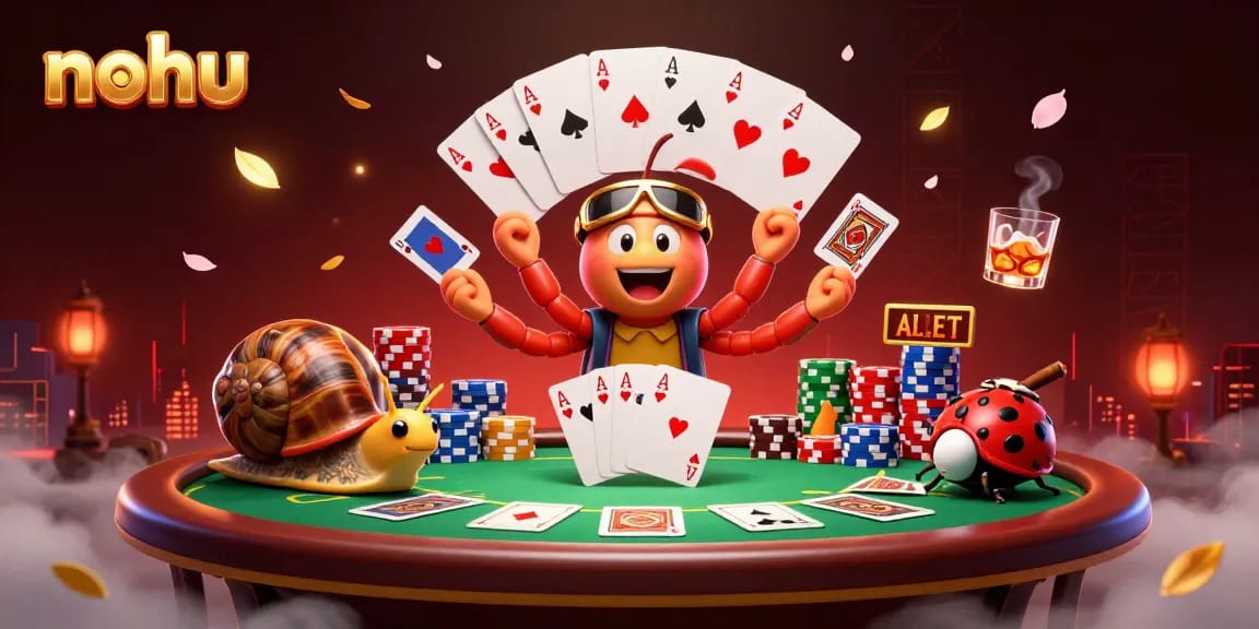 Experience the thrill of nohu casino gaming with a vibrant 3D scene of energetic characters and poker elements.