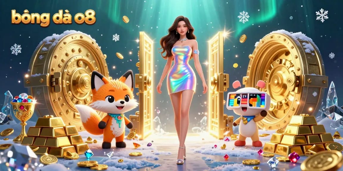 Bóng đá o8 showcases a vibrant 3D scene featuring a stunning woman in a holographic dress surrounded by treasures and a digital fox, representing online gaming.