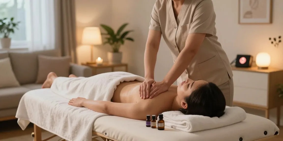 Relaxing 강서구출장마사지 scene with a professional therapist providing Swedish massage in a cozy home environment.
