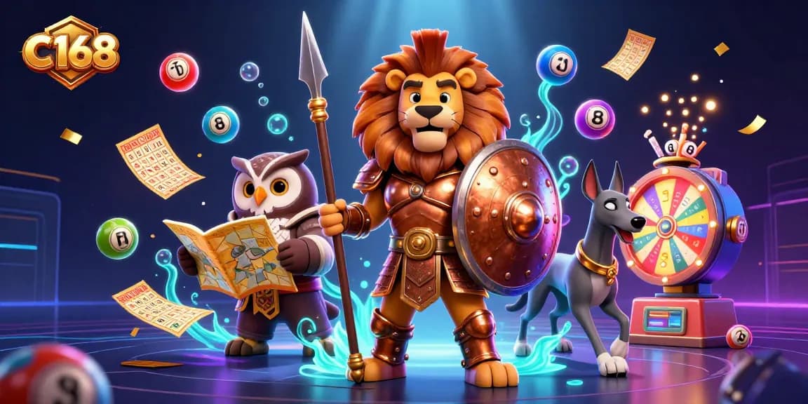 C168 engages players with an exciting casino adventure featuring a Spartan lion, owl strategist, and vibrant lottery elements.