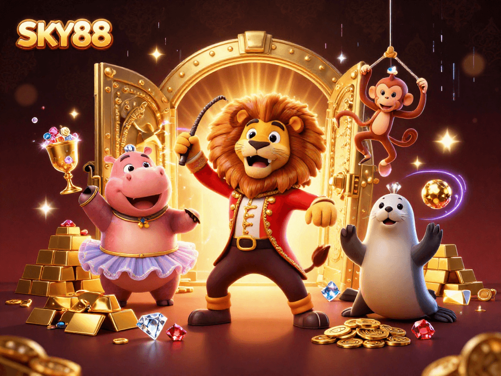 SKY88 players enjoy thrilling 3D casino illustration with vibrant characters and rich game elements.