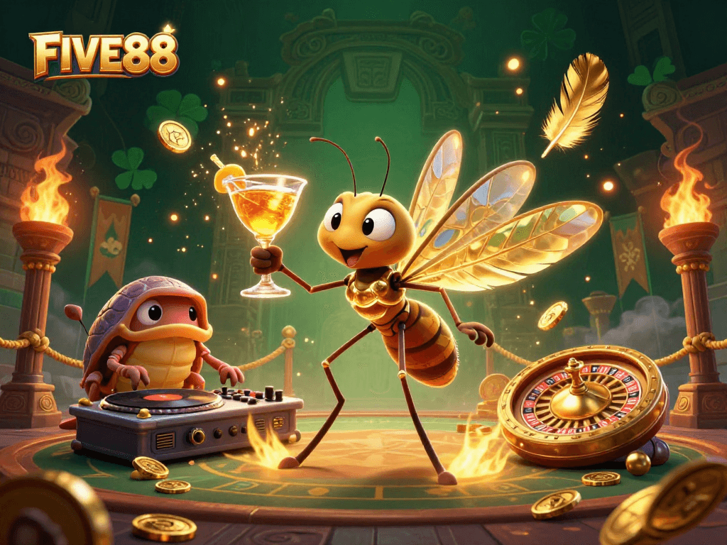 FIVE88 brings casino excitement with a vibrant illustration featuring unique characters and dynamic elements.