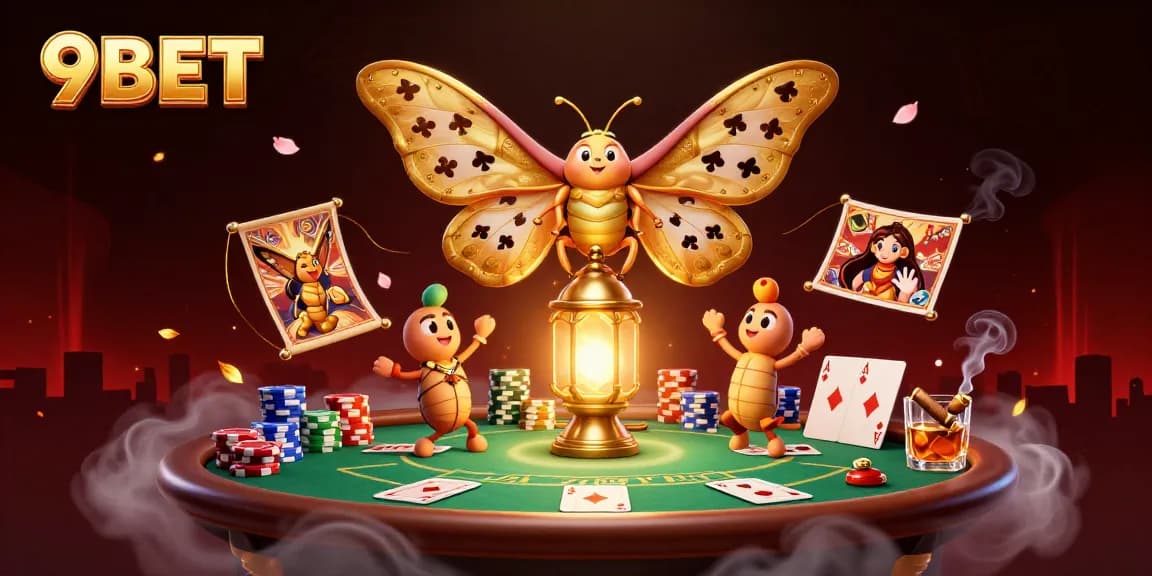 Engage with thrilling 9BET casino action featuring an elegant moth and poker elements.