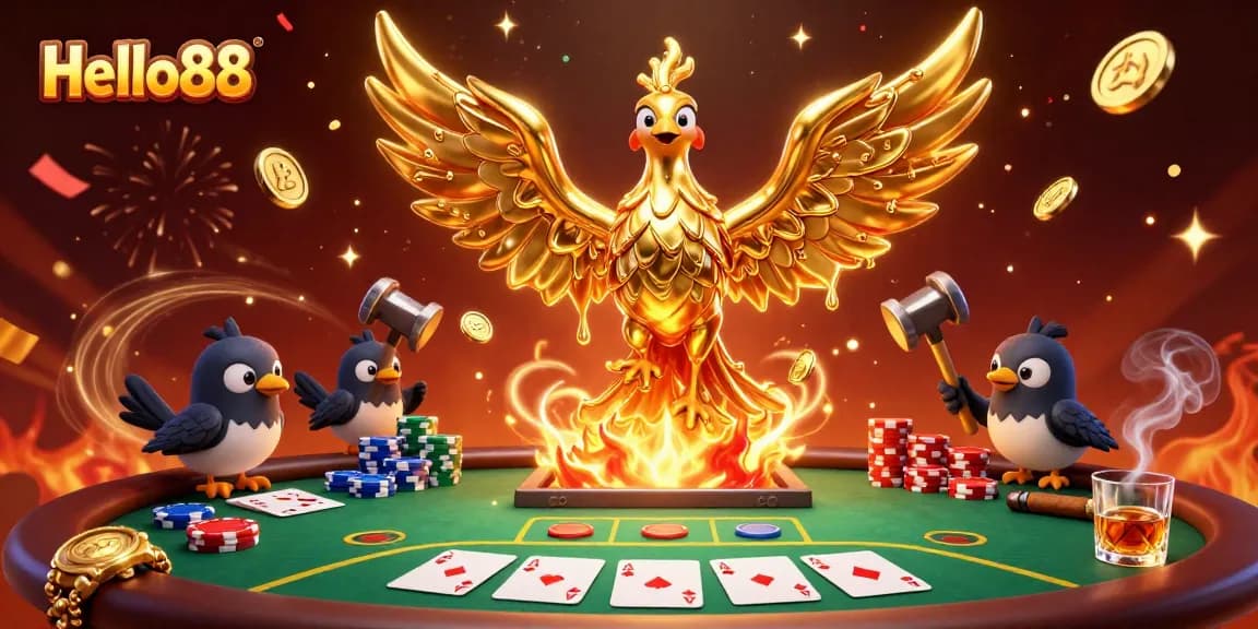 Hello88 shines in a vibrant poker scene with a molten gold phoenix and rich gambling elements.