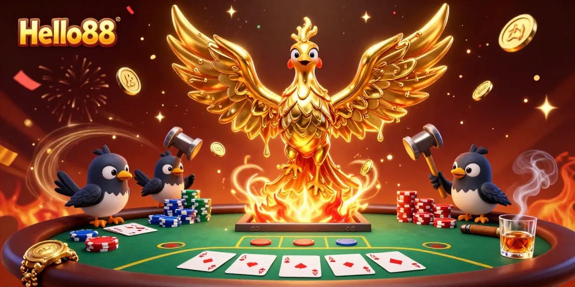 Hello88 shines in a vibrant poker scene with a molten gold phoenix and rich gambling elements.