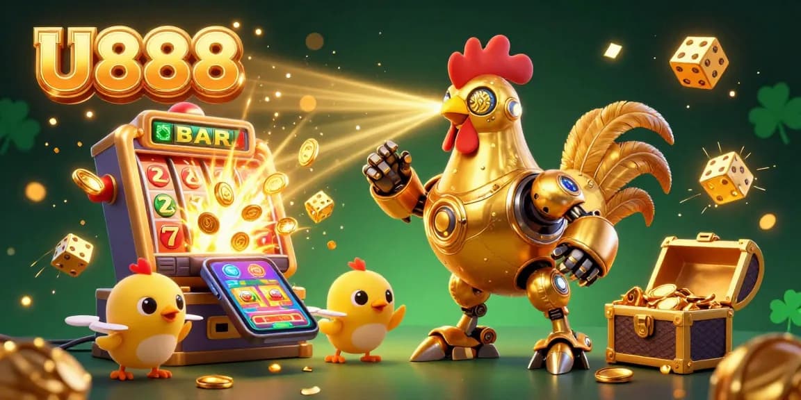 Engage in thrilling gaming adventures with U888, featuring a dynamic scene of a golden rooster robot and slot machine riches.