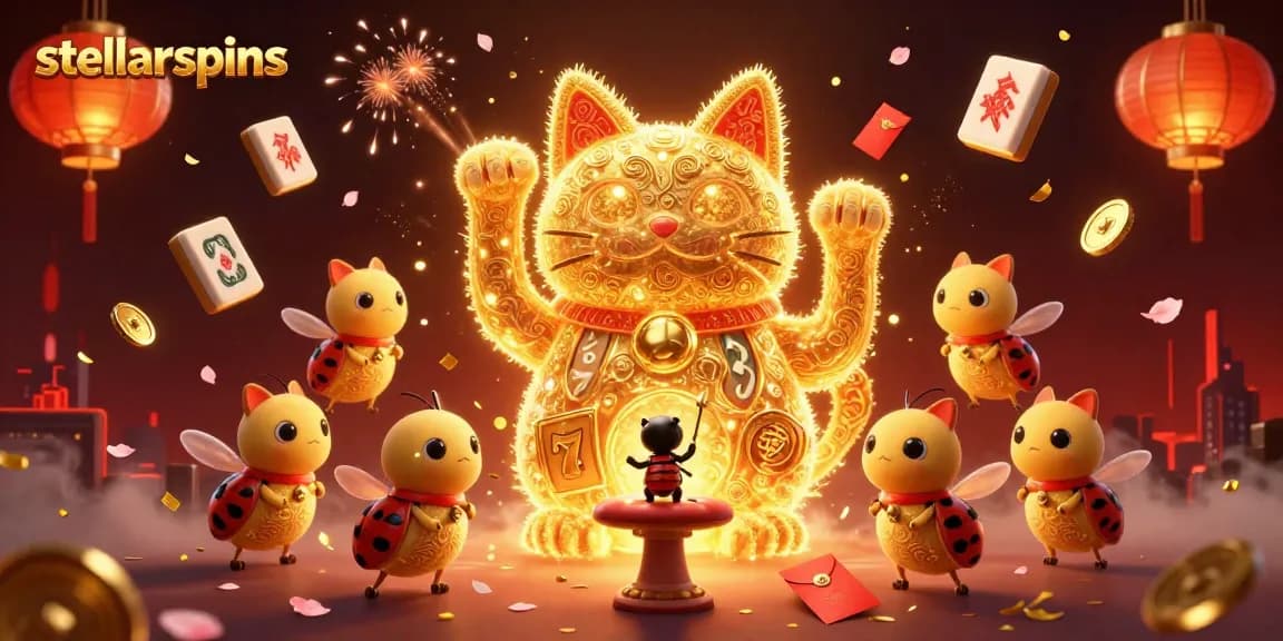 Experience stellarspins with a vibrant 3D lucky cat and dynamic casino elements.