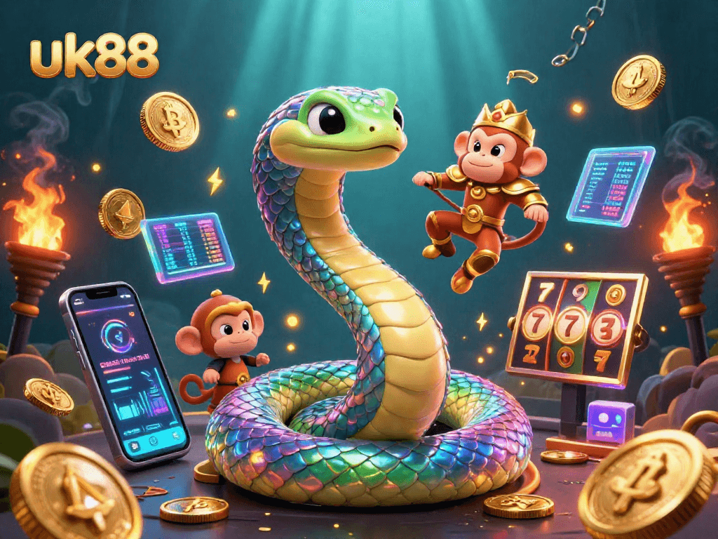 Engage with uk88's vibrant casino world featuring a rainbow serpent and monkey king amidst gold and crypto elements.