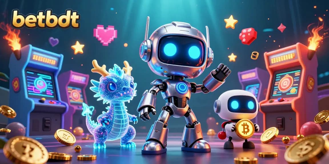 Experience thrilling gaming action at betbdt with a vibrant 3D casino scene showcasing crypto elements and arcade games.