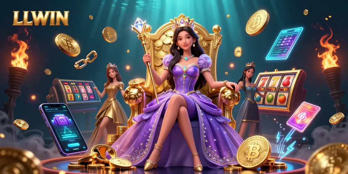LLWIN showcases an enchanting 3D casino scene with a regal figure, surrounded by vibrant slot game elements.