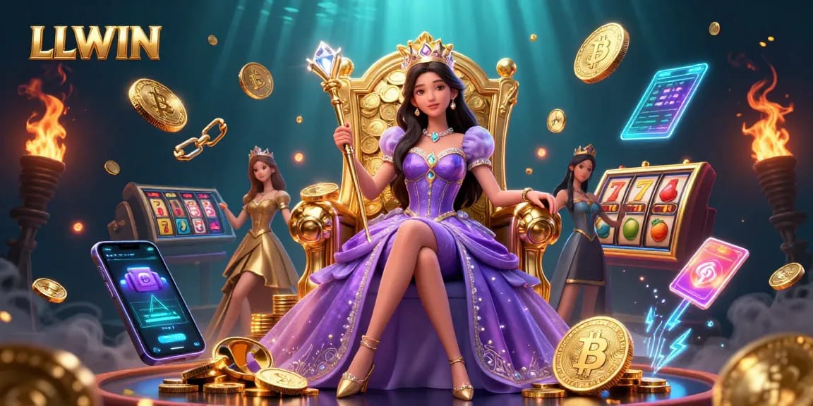 LLWIN showcases an enchanting 3D casino scene with a regal figure, surrounded by vibrant slot game elements.