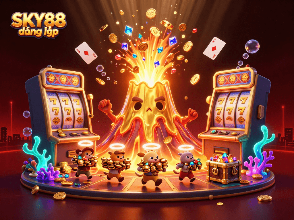 Engage with thrilling SKY88 đăng nhập experience, as golden volcano erupts with treasures amid a vibrant casino scene.