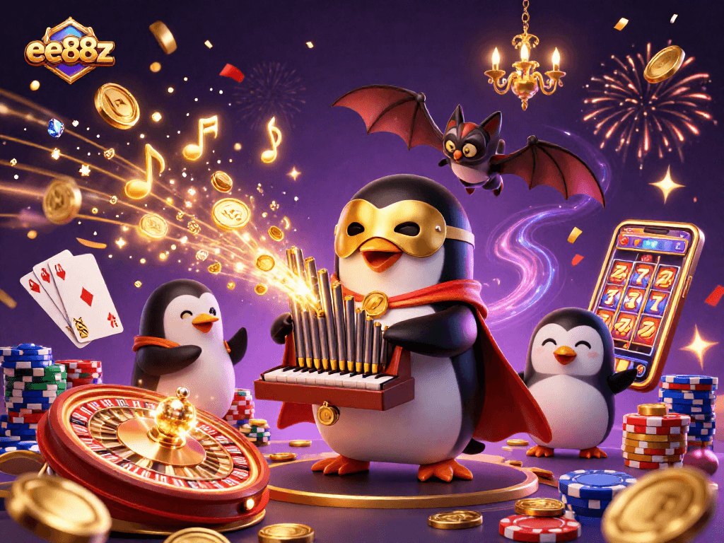 ee88z showcases a captivating scene with a phantom penguin, golden coins, and casino elements.